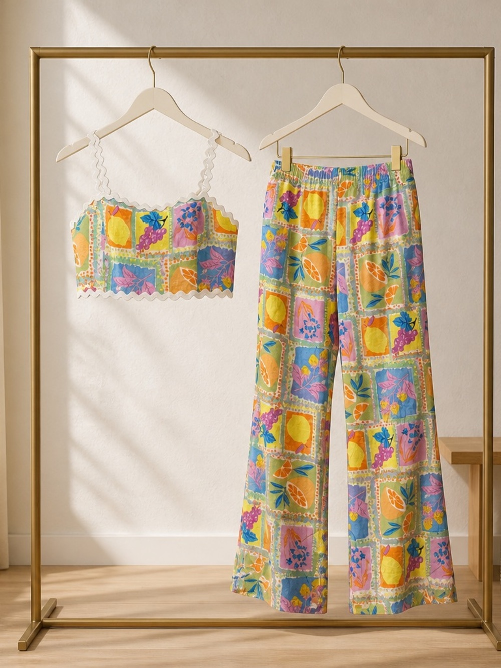 Fore’ Women’s Multicolor Patchwork Print Crop Top & Wide-Leg Pants Set Sz Large - Picture 6 of 8